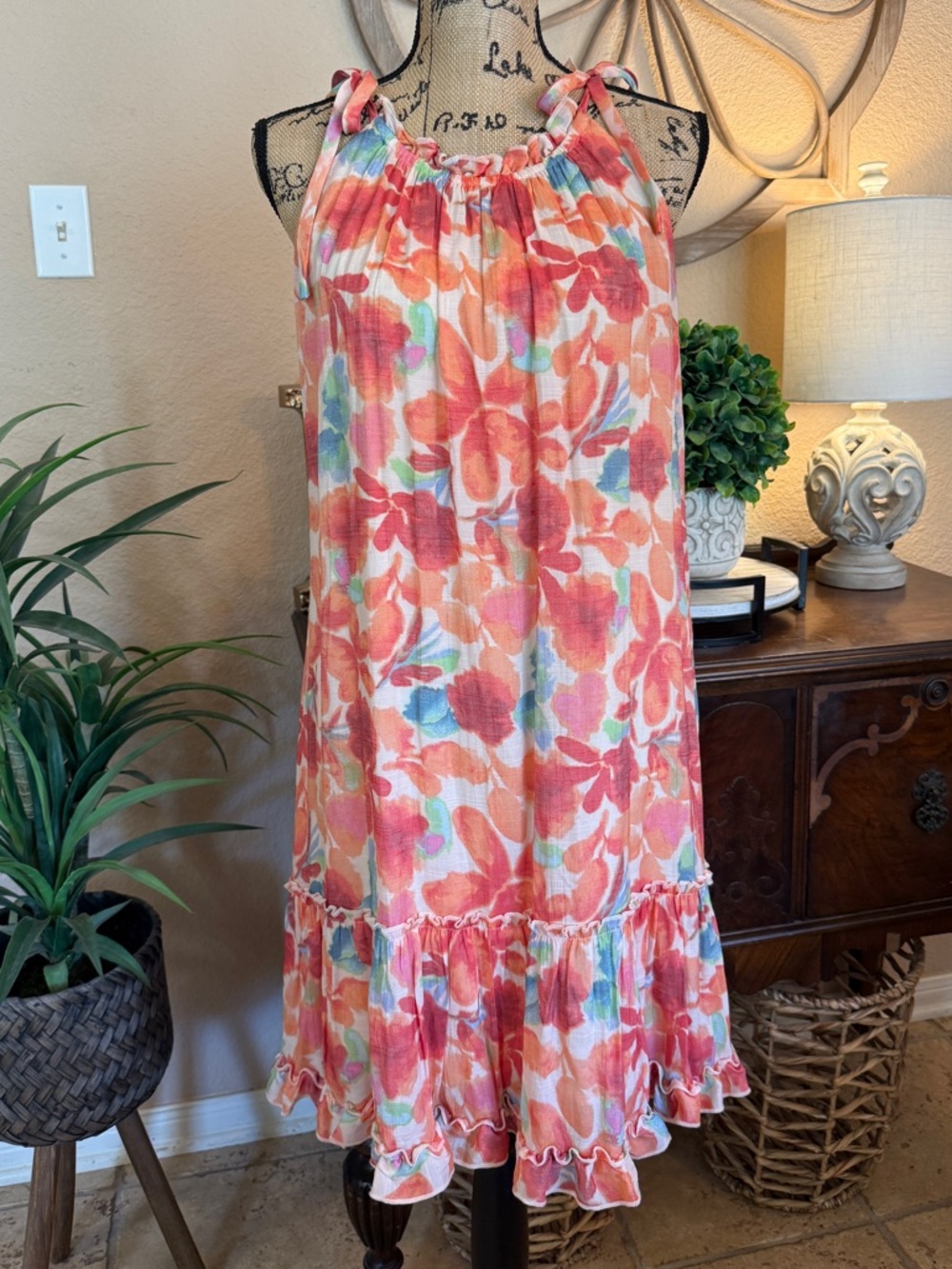Robbie Bee Cream with Coral-Orange Print Ruffle Trim Spaghetti Strap Dress